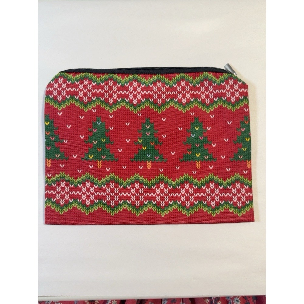 Z0236-Christmas Makeup Bag Fair Isle Christmas Tree Zipper Cosmetic Red Green